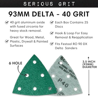 Serious Grit - 93mm 6-Hole P40 Grit Triangle Sanding Sheets - 25 Pack Box - style: 40 Grit