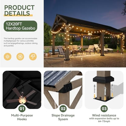 Aoxun 12' x 20' Wood Gazebo with Galvanized Steel Gable Roof, Gray - color: Taupe Gray, size: 12' x 20'