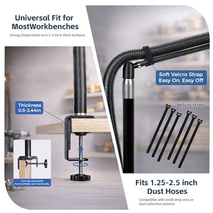 Dust collection boom arm, Adjustable Clamp Mount Hose Holder with 360° Rotatable Swivel Head & Two 40cm Extension Arms for CNC Lathe Woodworking Table Saw Router Table Dust Collection System