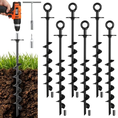 Heavy Duty Ground Anchors Screw in with Drill Adapter & T-Wrench - size: 6 Pack