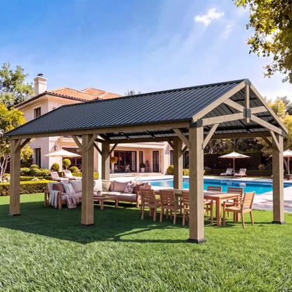 Aoxun 12' x 24' Wood Gazebo with Galvanized Steel Gable Roof, Gray - color: Taupe Gray, size: 12' x 24'