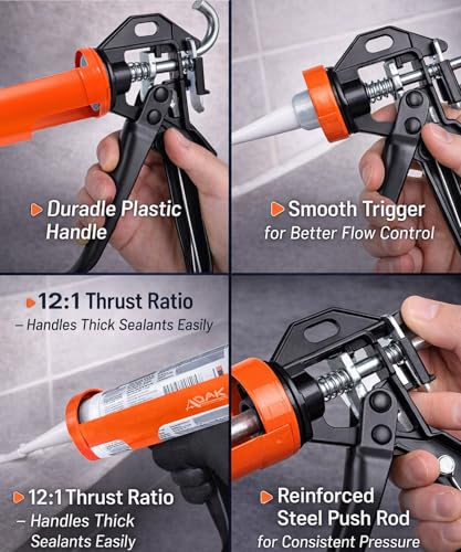 ADAK - Professional Caulking Gun, 12:1 Thrust Ratio, Caulking Gun No Drip, Hand Tool for Silicone & Sealant Application, Smooth Pressure Caulk Gun, Caulking Gun Tool