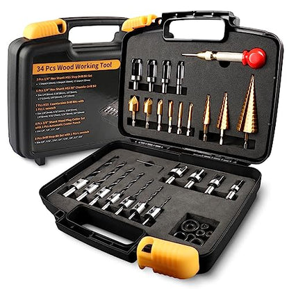 34Pcs Woodworking Drill Bit Set, Countersink Bits, Plug Cutters, Drill Stop