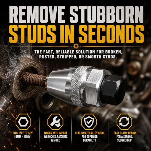 WUWEOT Broken Stud Remover, 3/8" Damaged Bolt and Stud Extractor Tool, Manifold Drive Stud Puller Fit 1/4" to 1/2" Rounded Studs for Broken, Damaged, Rounded Off, Painted, and Rusted Tight Bolts