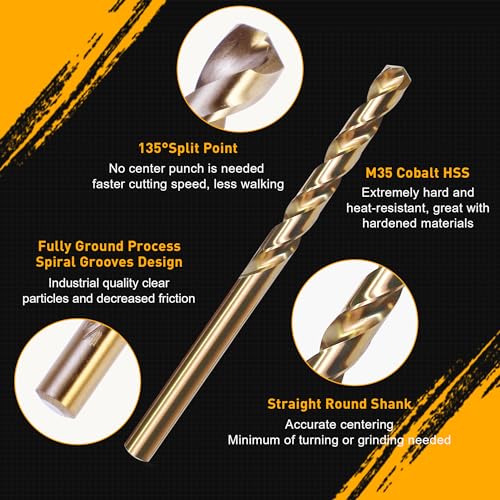 15Pcs Cobalt Drill Bit Set, M35 HSS Jobber Length Twist Drill Bit Set for Cast Iron, Stainless Steel, Plastic and Wood, 1/16" - 3/8" - style: 15PCS