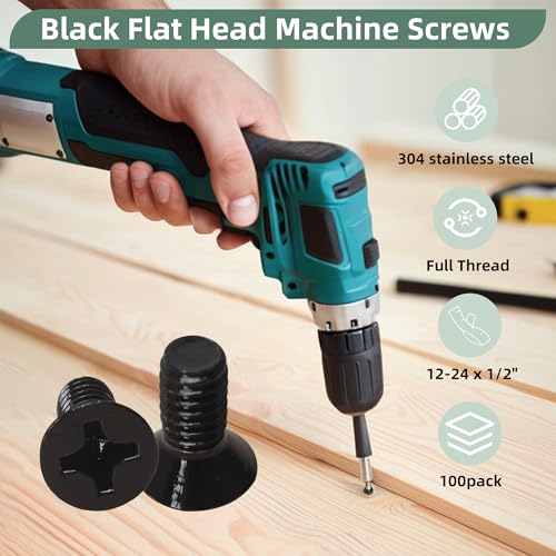100 Pack 12-24 x 1/2" Black Flat Head Machine Screws, Full Thread - color: Black