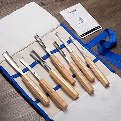 Schaaf Wood Carving Tools 7-pc Wood Chisel Set with Gouges, Cr-V 60 Steel - color: Natural Wood