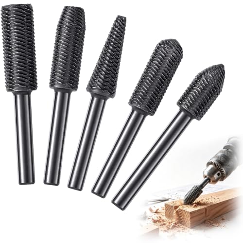 OIIKI 5 PCS Woodworking Twist Drill Bits, Wood Carving File Rasp Drill Bit - color: Black, 5 PCS