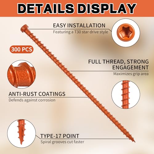 300 Pcs Truss Screws,6 Inch Structural Screws for Truss Rafter to Plate and Stud to Plate Connections,Clear Zinc (Orange Topcoat) - color: Orange Topcoat