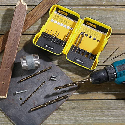 CaRoller Cobalt Drill Bit Set - 15 Pcs M35 High Speed Steel Twist Jobber Length Drill Set 1/16"-3/8" for Hardened Metal, Stainless Steel, Cast Iron, Wood and Plastic with Round Shank (15pcs Cobalt) - size: 1/16"-3/8"-15pcs-Cobalt