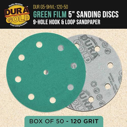Dura-Gold 120 Grit 5" Green Film Sanding Discs, 9-Hole Pattern, Box of 50 - style: 120 Grit