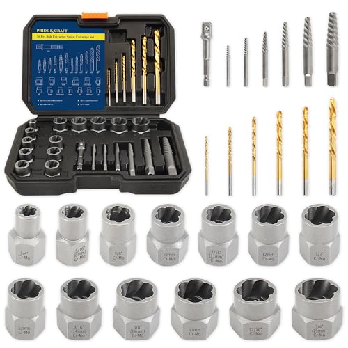 PRIDE&CRAFT 26Pcs Screw Extractor Set, Bolt Extractor Kit with HSS Left Hand Drill Bits, Stripped Screw Extractor, Nut Extractor Set with Hex Adapter for Damaged, Rusted Bolts, Screws, Nuts and Studs - style: 26-piece
