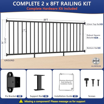 36 in H x 16 ft W Modular Real Aluminum Deck Railing Kit, 2 Panels - color: 8ft Level - 2Pack