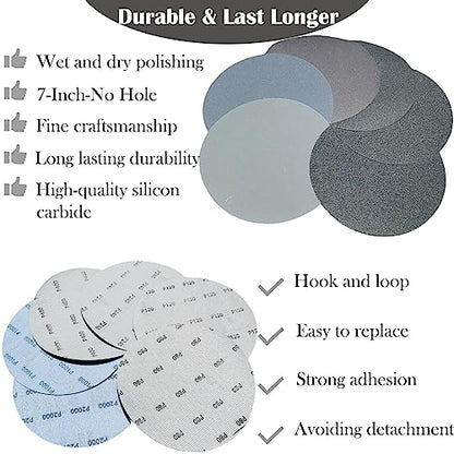 Tonmp 30 PCS 7 Inch Hook-and-Loop Sanding Silicon Carbide Discs Sandpaper - 5 pcs Each of 80 120 240 400 1000 and 2000 Grits Wet/Dry Sander Paper for Random Orbit Sander