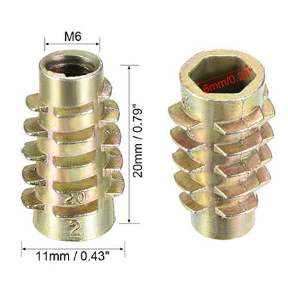 uxcell Furniture Threaded Insert Nuts Zinc Alloy Hex-Flush M6 Internal Threads 20mm Length 30pcs - size: M6x20mm