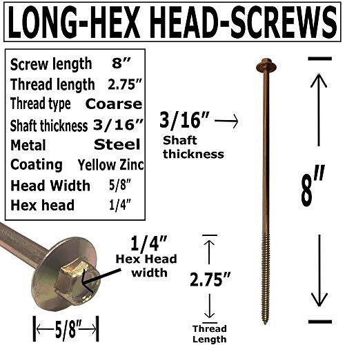 (25) 8" - Zinc Coated Rust Resistant Timber Tie - Heavy Duty 1/4" - Hex Head Structural Screw - 5/8" Wide Flange Head with coarse Thread for Secure Hold - Heavy Duty 3/16" Shank for Extra Strength