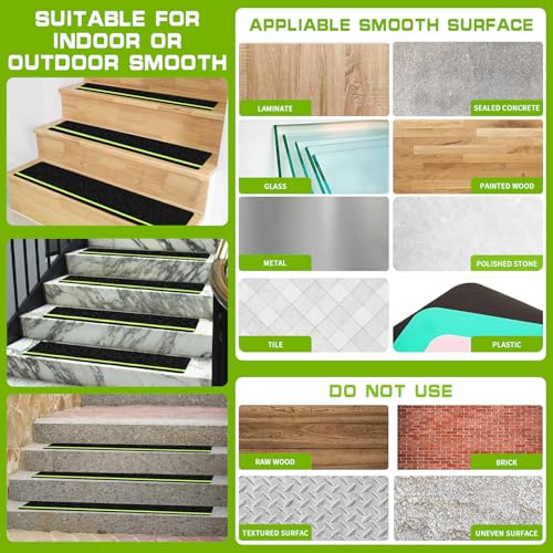 LadyRosian Outdoor Stair Treads Non Slip 10-Pack Black Glow 6" x 24" - Weather Resistant Adhesive Heavy Grip Tape - Waterproof Anti Skid Strips- Glow in The Dark 80-Grit Adhesive Treads - color: Dark, size: 6" x 24"