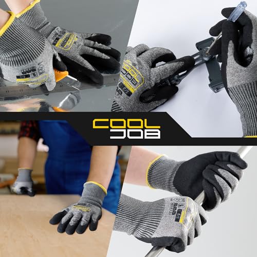 COOLJOB ANSI A5 Cut Resistant Gloves - 1/3/12 Pairs, Nitrile Rubber Dipped Safety Work Gloves for Men, Knife Proof with Grip Coating for Construction Warehouse Glass Wood Work, Grey Medium - size: Medium, style: A5 Pack of 1