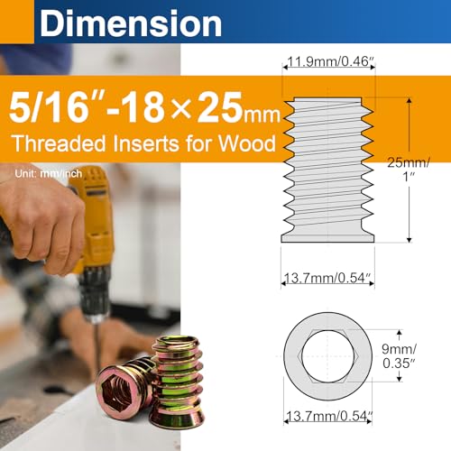 25PCS 5/16"-18 x 25mm Threaded Inserts for Wood, Hex Drive Nuts - size: 5/16"-18 x 25mm