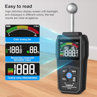 Pin & Pinless Moisture Meter with Color LCD & Acoustic Alarm, Detects up to 20-40 mm; Digital Moisture Detector for Wood, Drywall, Masonry & Other Building Materials