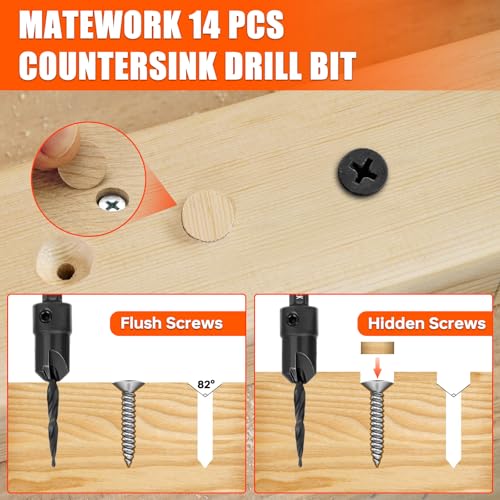Matework 15PCS Countersink Drill Bit Set, M2 Cobalt HSS Drill Bits for Wood