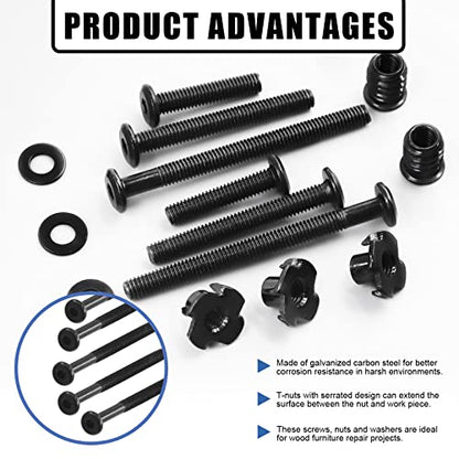 Glarks 107Pcs M6x30/50/70mm Black Hex Socket Cap Screws Bolts & M6 Threaded Inserts T-Nuts Assortment Kit with Flat Washers and Hex Wrench for Wood Furniture Fasteners