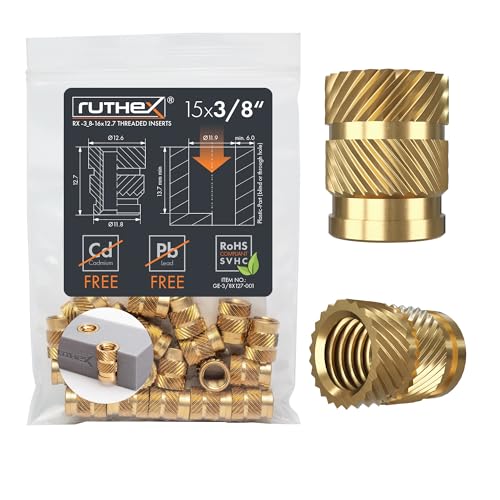 ruthex 3/8"-16 Threaded Inserts - 15 Pieces RX-3/8“-16-x12.7 Brass Heat Set Insert for Plastic Parts - Inches UNC knurled Nuts - Insert by Heat into 3D Printing Components - color: UNC Threaded Insert, size: 3/8“-16 (15pcs)