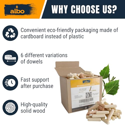 ALBO 150 Pcs. Fluted Wood Dowel Pins for Woodworking, 3/8 x 1-1/2 Inch - size: 3/8"- 150 Psc