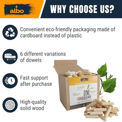 ALBO 150 Pcs. Fluted Wood Dowel Pins for Woodworking, 3/8 x 1-1/2 Inch - size: 3/8"- 150 Psc