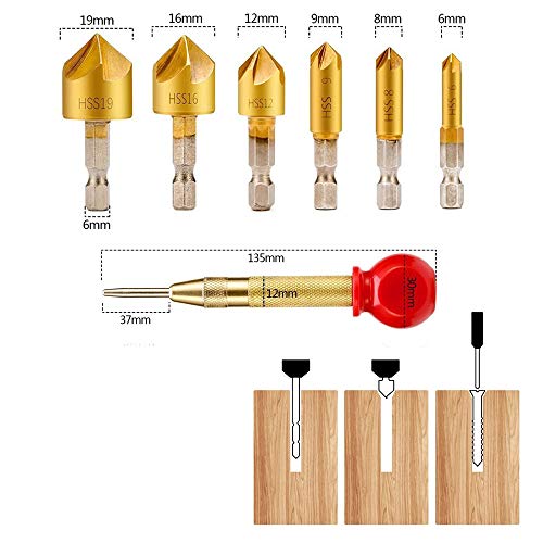 23-Pack Woodworking Chamfer Countersink Drill Bit, 6pcs 1/4" Hex 5 Flute 90 Degree Countersink Drill Bits, 7pcs Three Pointed Countersink Drill Bit, 8PCS Wood Plug Cutter, and Automatic