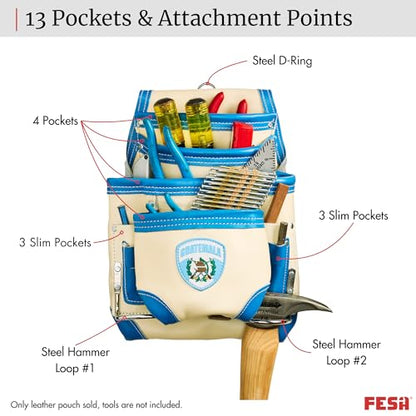 FESA Leather Carpenter Tool Pouch - 10-Pocket Heavy Top Grain Leather Carpenter Pouch with 2 Hammer Loops, Large & Small Pockets - Fits Work Belts up to 3" - Handcrafted - Country-Themed - color: White - Guatemala