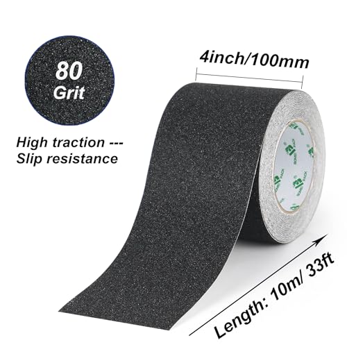 BOMEI PACK Black Anti Slip Tape, 4 Inch x 33 Foot Non-Slip Traction Grip Tape for Stairs, Waterproof Stair Treads Grip Non Slip, Non Skid Tape for Steps, Outdoor Black Grip Tape - size: 100mm