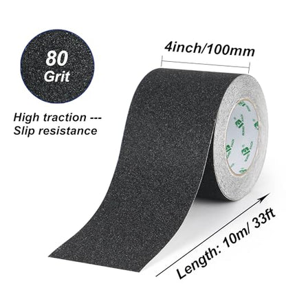 BOMEI PACK Black Anti Slip Tape, 4 Inch x 33 Foot Non-Slip Traction Grip Tape for Stairs, Waterproof Stair Treads Grip Non Slip, Non Skid Tape for Steps, Outdoor Black Grip Tape - size: 100mm