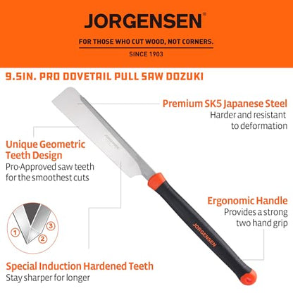 JORGENSEN Japanese Pull Saw, 9.5 Inch Pro Dovetail Saw with Rubber Handle, SK5 Steel Handsaw with Tool-less Quick Change Blade, 21TPI Fine Cross Cut Rip Cut Angle Cut Woodworking Tools