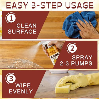 Beeswax Wood Polish Spray, Beeswax Essential Oil Wax, Natural Beeswax Furniture Polish & Wood Cleaner with Sponge and Towel, Upgrade Wood Wax Restorer for Floors, Furniture, Cabinets Tables (2Pcs)