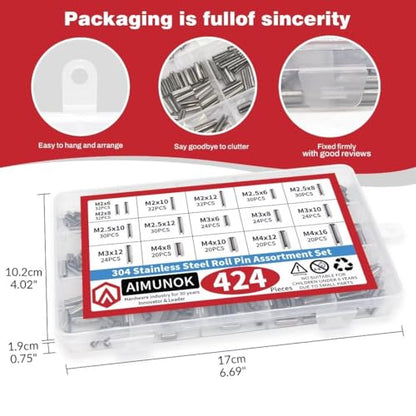 424-Piece Stainless Steel Roll Pin Kit - size: 424 pieces Metric Roll Pins