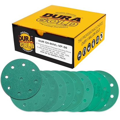 Dura-Gold 5" Green Film Sanding Discs, 10 Grit Assortment, 9-Hole Box of 50 - style: Variety Pack