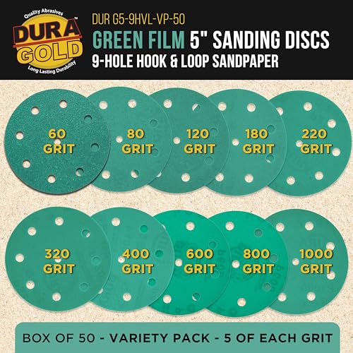 Dura-Gold 5" Green Film Sanding Discs, 10 Grit Assortment, 9-Hole Box of 50 - style: Variety Pack