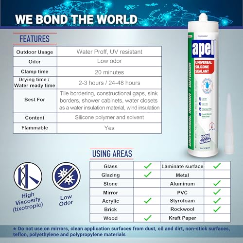apel All Purpose Clear Silicone Sealant Waterproof (12 x 10.5 fl.oz.), 100% Silicone Caulk, Weatherproof & Flexible Adhesive Sealant for Indoor and Outdoor Use, Transparent - 12 Pack