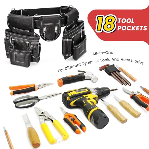 Professional Tool Belt for Men, Magnetic Tool Pouch with Suspenders - color: Black
