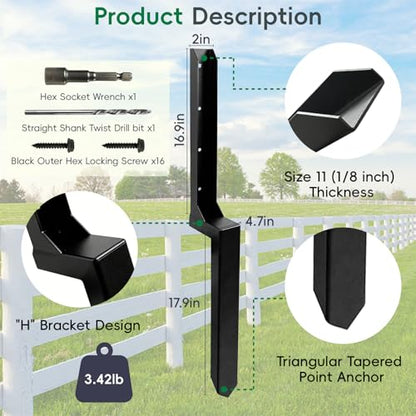 4 Pack Strong Fence Post Repair Kits with One-Piece Steel Anchor & Stakes - color: Black