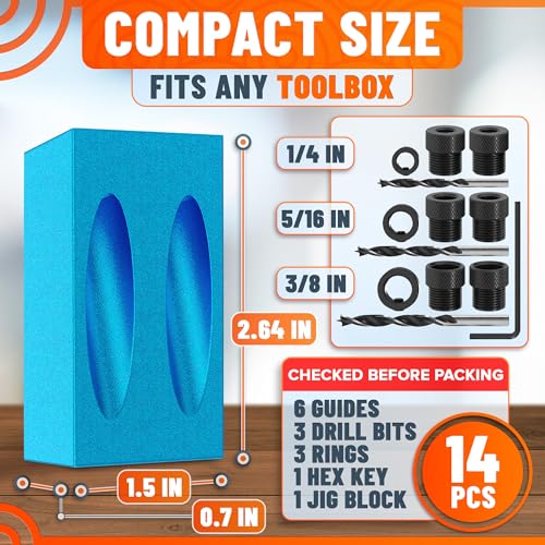 14 Pcs Pocket Hole Jig Kit, 15° Angle Drill Guide, Aluminum