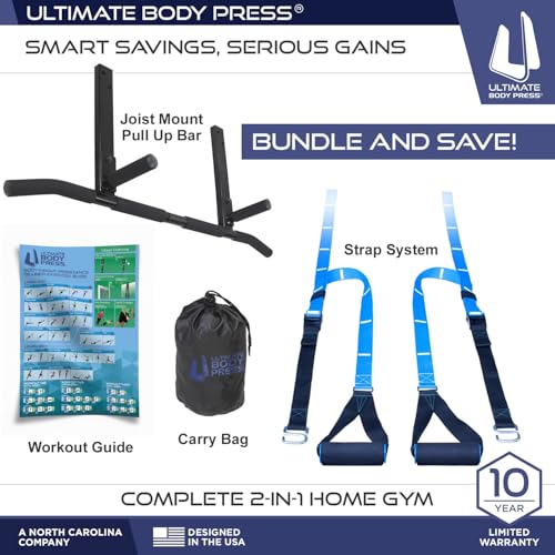 Joist Mount Pull Up Bar with Extra Hardware and Mounting Template for Easy Install to Beam or Rafter by Ultimate Body Press - color: Joist Mount Pull Up Bar and Strap System