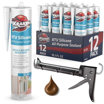 Kraken Bond Brown Silicone Sealant Waterproof% 100-10 fl oz Cartridge - RTV Silicone Caulk Kitchen and Bathroom, All Purpose, Window Caulking Sealant Outdoor Exterior Use Silicon, Gun Incl - 12 Pack - size: RTV Silicone Brown + Gun