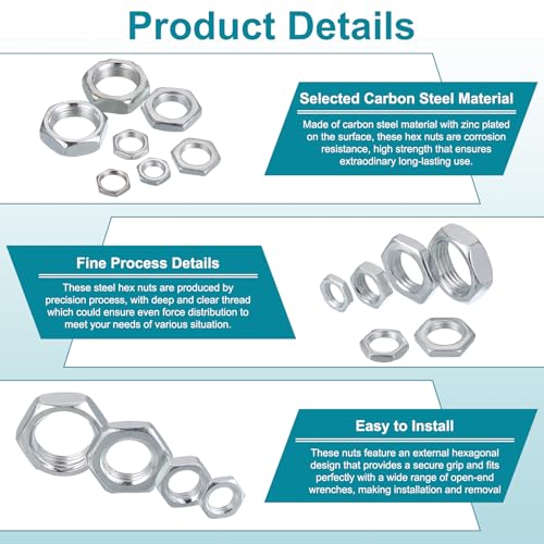 PATIKIL M12x1x3mm Steel Hex Nuts, 25Pcs Metric Fine Thread Carbon Steel Zinc Plated Finished Hardware Screw Nuts Fasteners for Machinery Manufacturing, Industrial Use, 14mm Width - size: M12x1x3x14mm