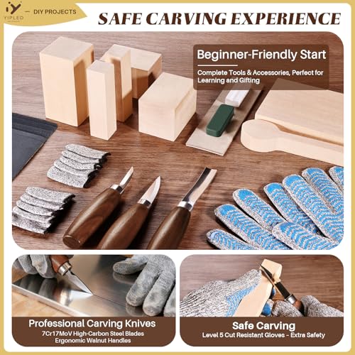 YIPLED Beginners Wood Carving Kit, Whittling Tools, Basswood & Gloves