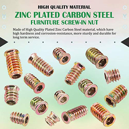 Keadic 120Pcs 1/4"-20 5/16"-18 Nut Inserts Assortment Kit with M6 M8 Internal Hex Tool, Furniture Screw in Nut Threaded, Wood Inserts, Bolt Fastener Connector Hex Socket Drive for Wood Furniture