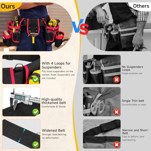 Tool Belt with 4 D-Rings,27-Pockets Tool Belts for Men,Construction - color: Red & Black, size: 27 Pockets