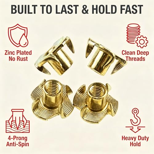 3/8"-16 T-Nuts for Climbing Holds: 22 Pack 4 Pronged Tee Nuts Zinc Plated Threaded Inserts - No Rust No Spin - size: 3/8"-16（22Pack）