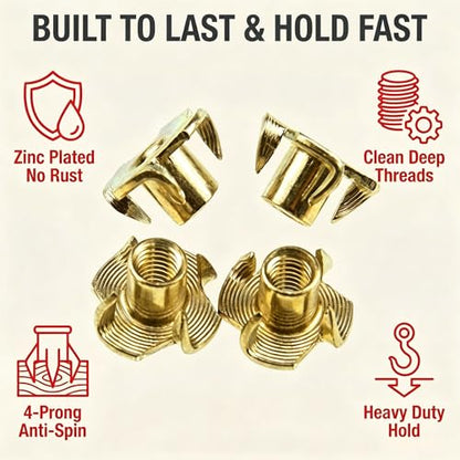 3/8"-16 T-Nuts for Climbing Holds: 22 Pack 4 Pronged Tee Nuts Zinc Plated Threaded Inserts - No Rust No Spin - size: 3/8"-16（22Pack）